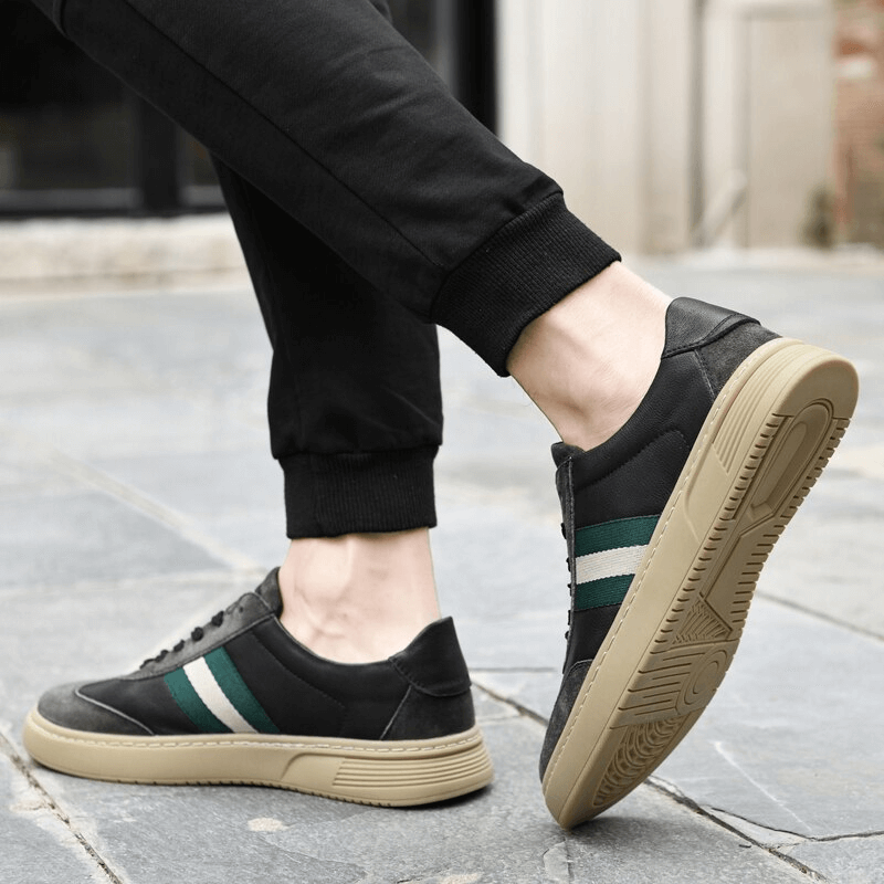 Stylish leather men's sports shoes SF1176 with green stripes, genuine leather, breathable lining, and durable rubber outsole.